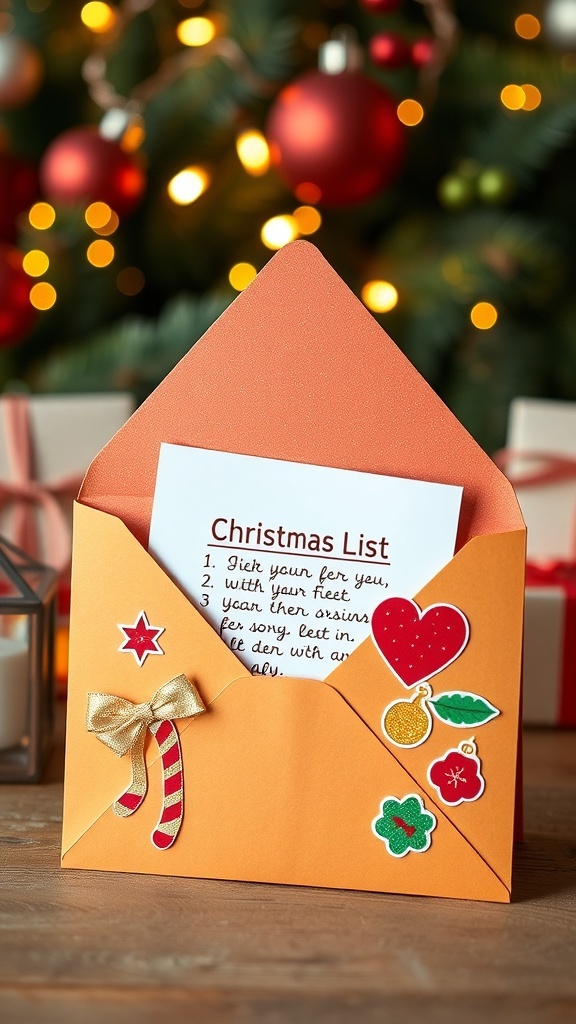 A decorated Christmas list envelope with colorful designs and a peek of a list inside, set against a festive background.